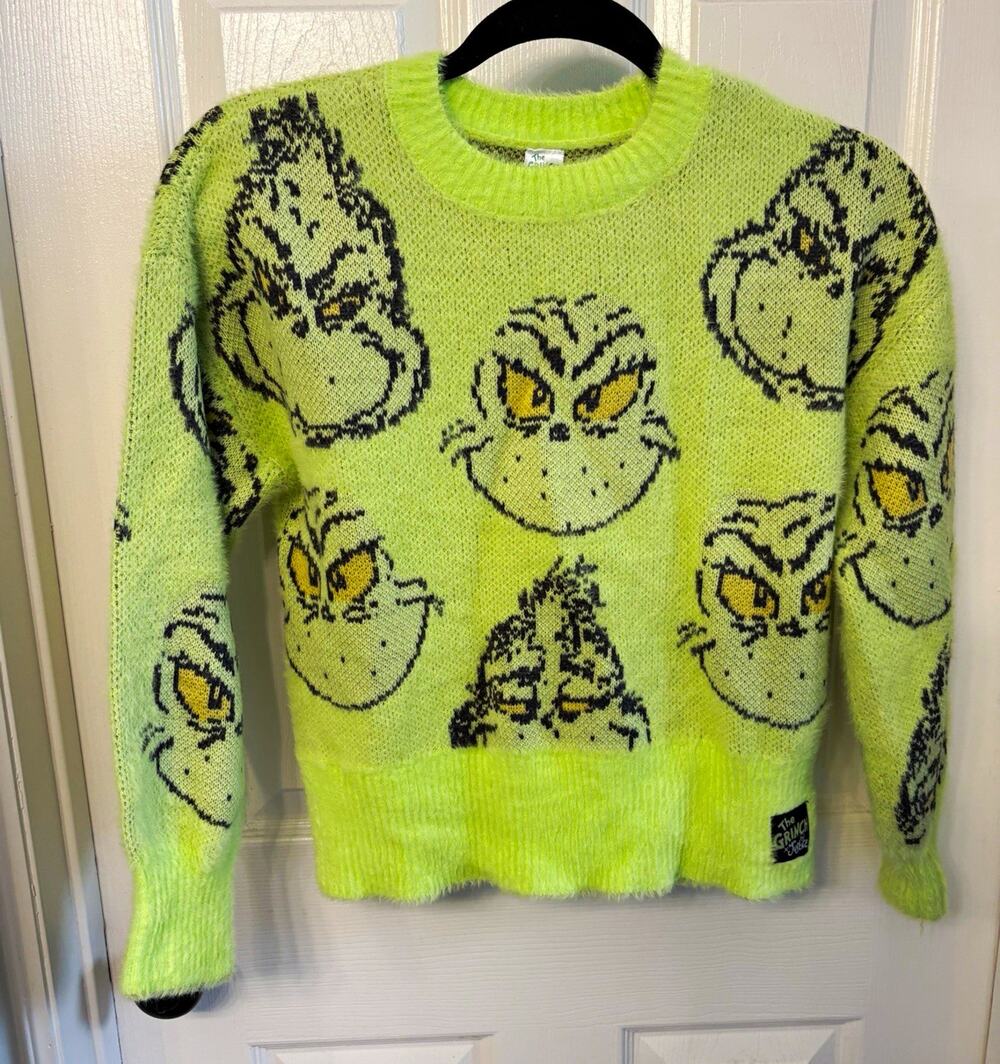 Justice The Grinch Girls M 10 Green/Black Knit Pullover Sweater Long Sleeve